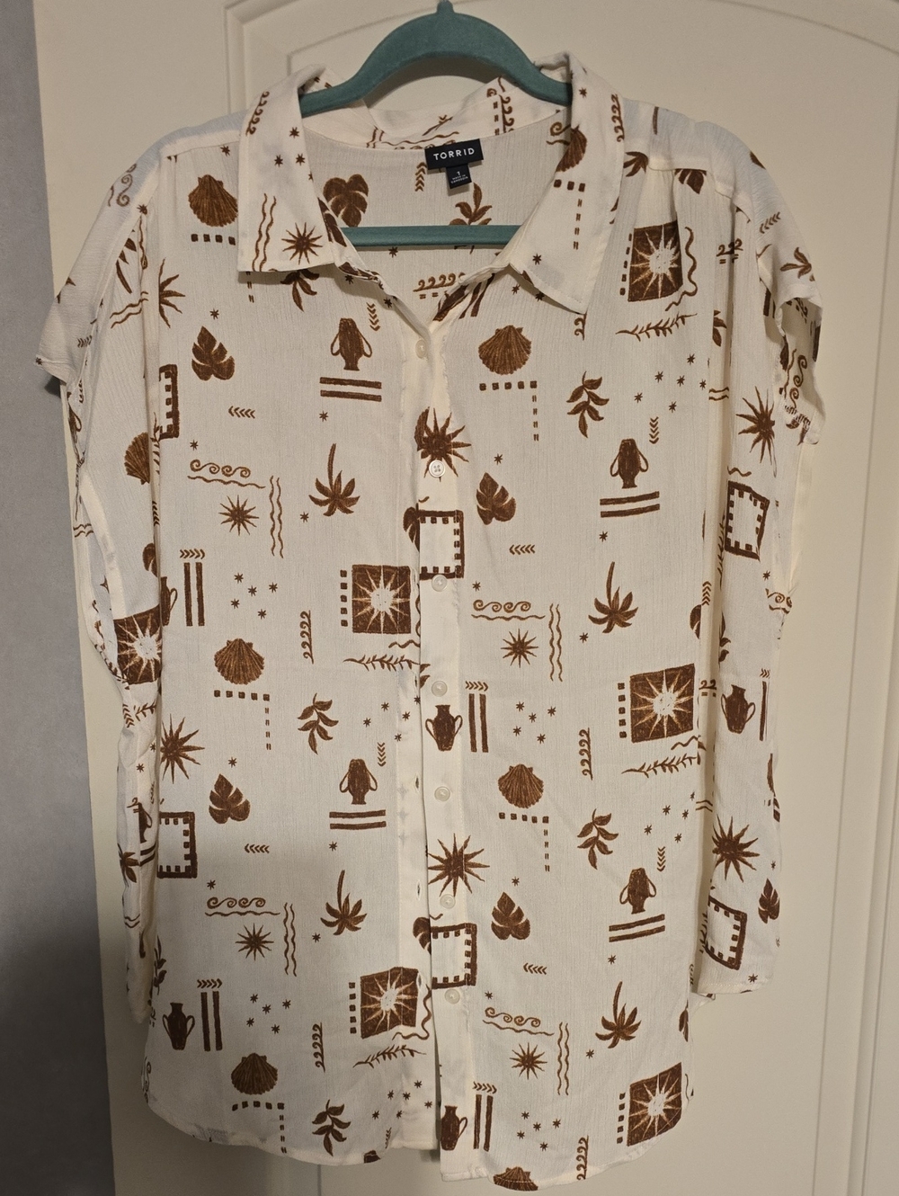 torrid Cream Button-Down Shirt with Brown Graphic Print